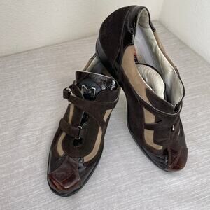 Mauri Suprema 8651 Women 9 Brown Baby Crocodile Suede Patent Leather Wedge Shoes